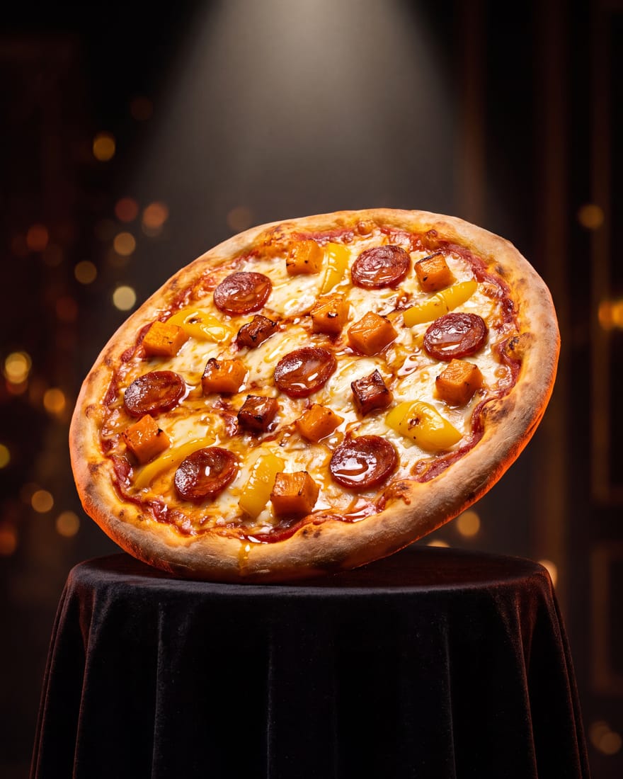 Ámbar — pizza DIAMANTI presentada como gema en vitrina de joyería, luz de escaparate