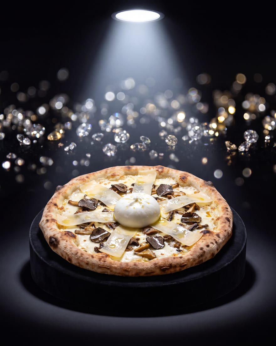 Diamante — pizza DIAMANTI presentada como gema en vitrina de joyería, luz de escaparate