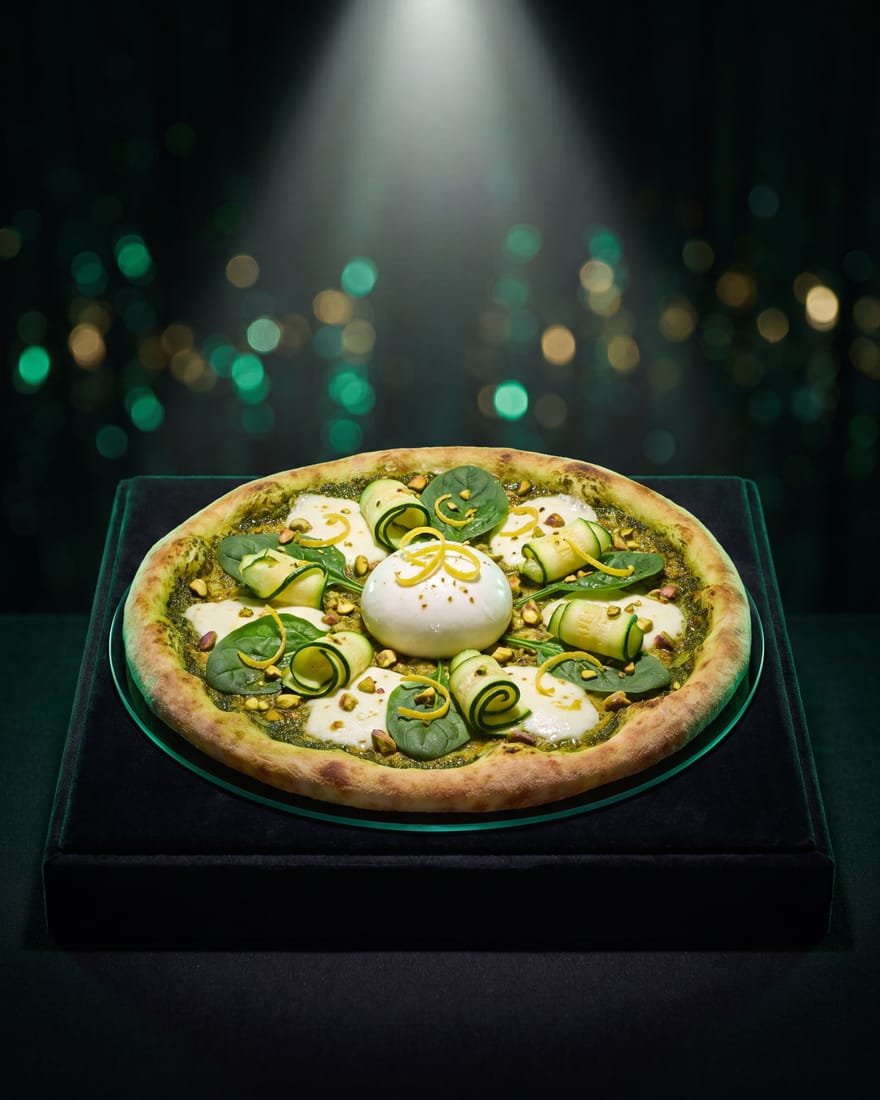 Esmeralda — pizza DIAMANTI presentada como gema en vitrina de joyería, luz de escaparate