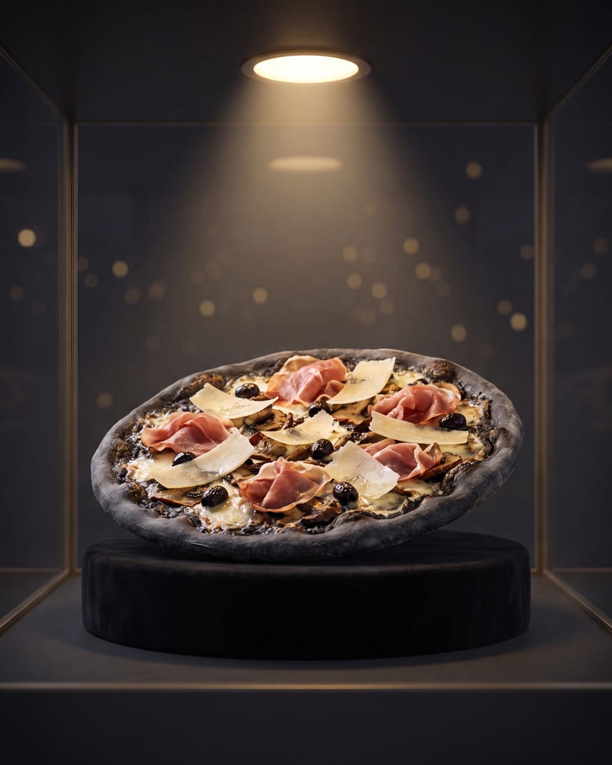 Ónix — pizza DIAMANTI presentada como gema en vitrina de joyería, luz de escaparate