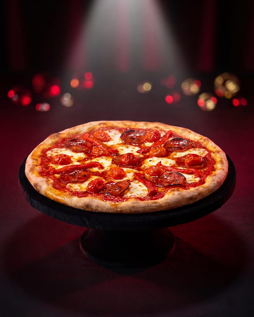 Rubí — pizza DIAMANTI presentada como gema en vitrina de joyería, luz de escaparate