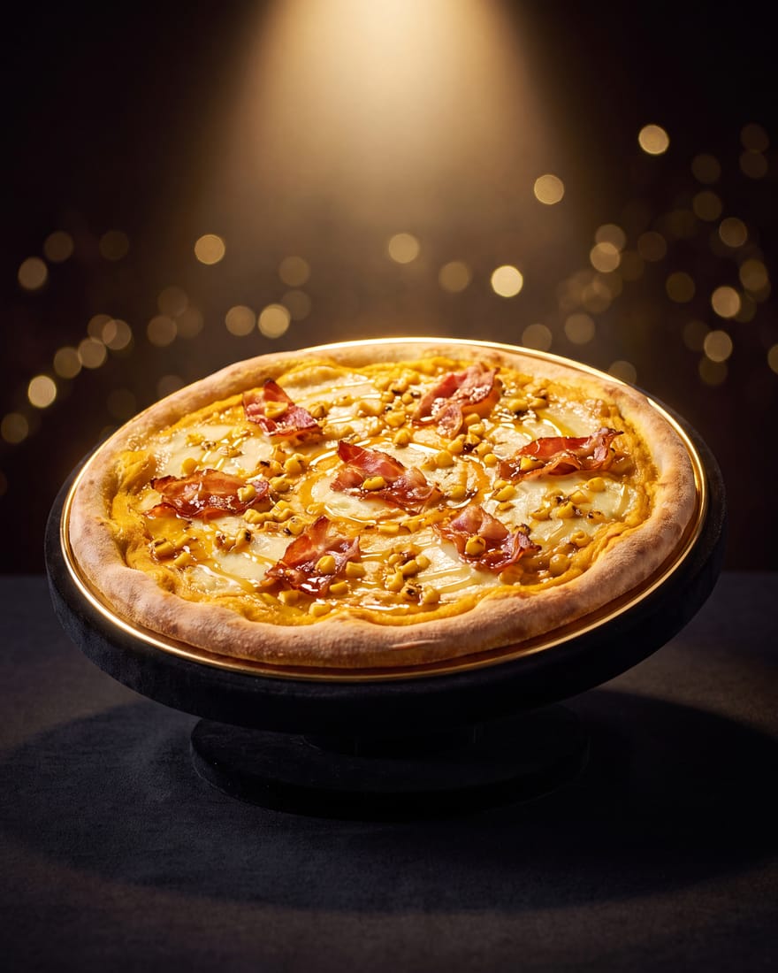 Topacio — pizza DIAMANTI presentada como gema en vitrina de joyería, luz de escaparate