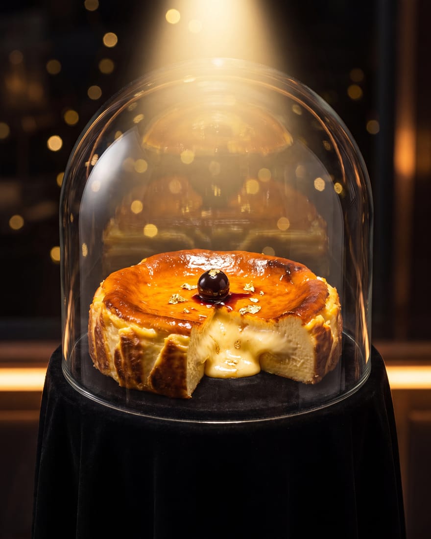 Cheesecake — postre DIAMANTI presentado como joya en vitrina, luz de escaparate