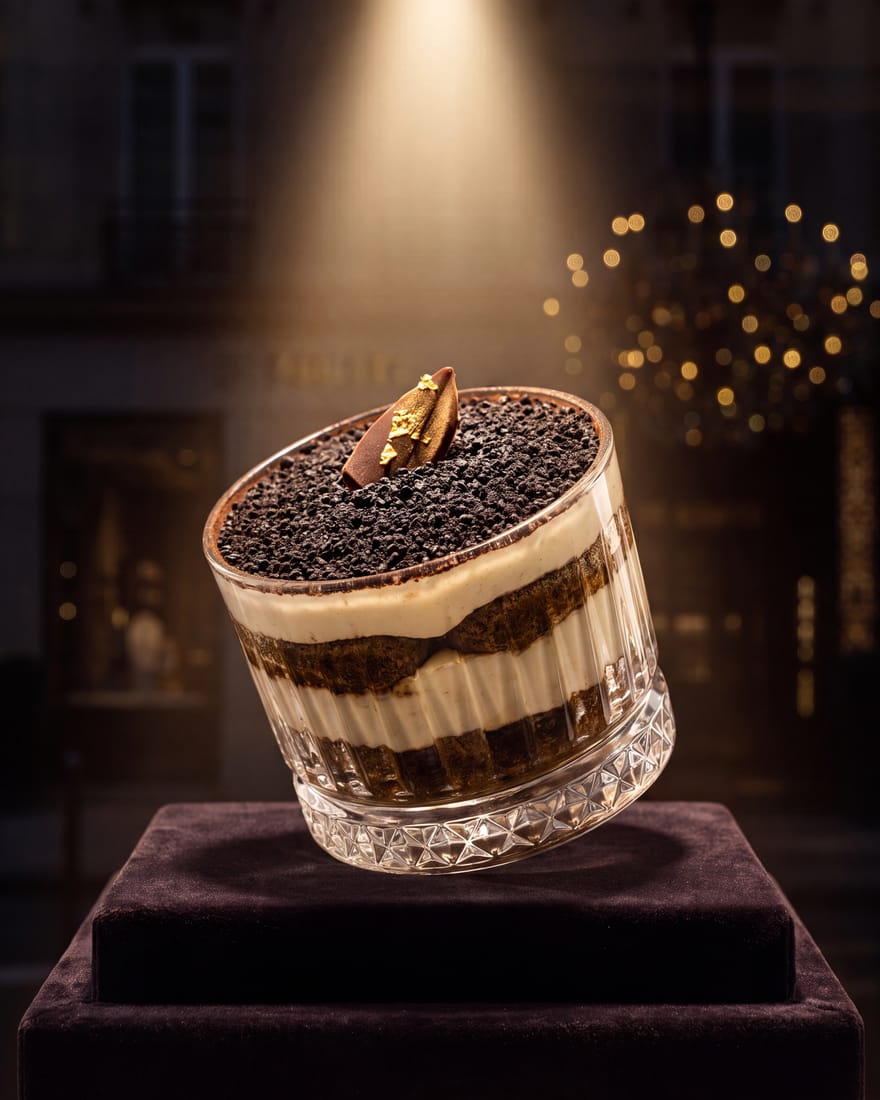 Tiramisú — postre DIAMANTI presentado como joya en vitrina, luz de escaparate