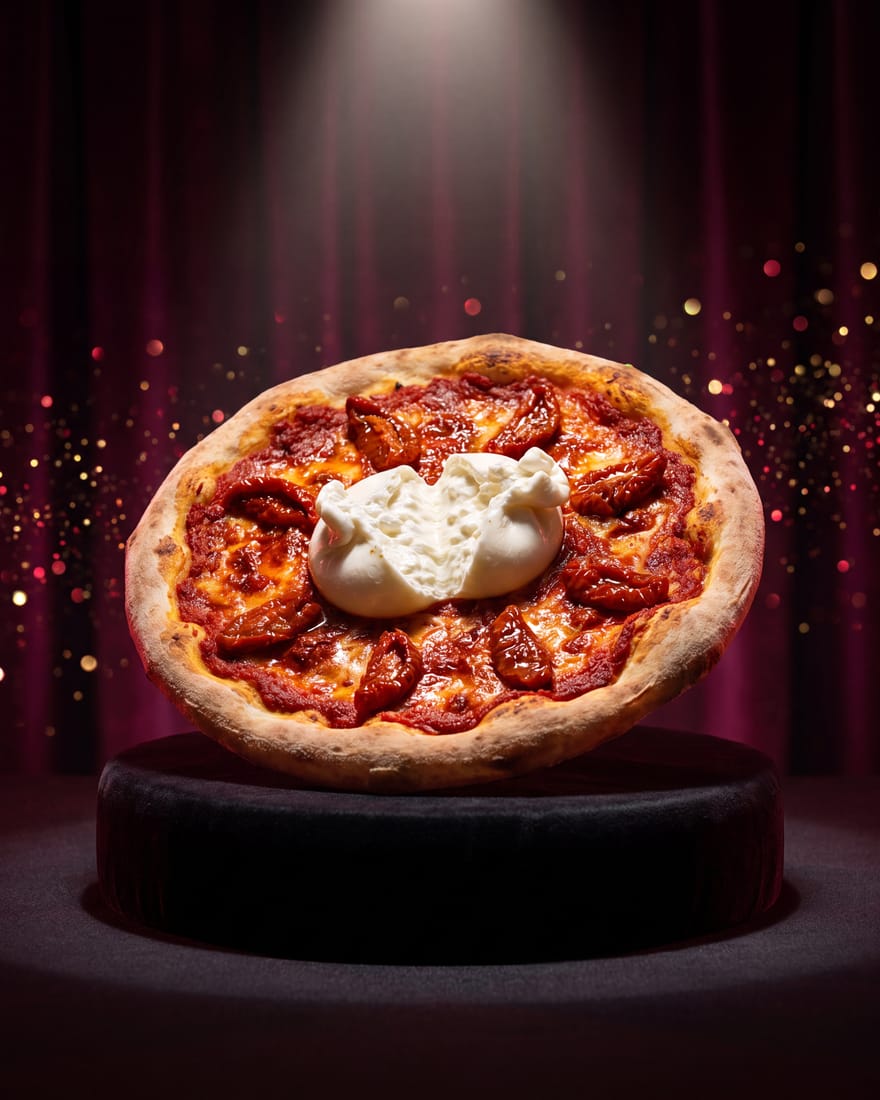 Granate — pizza DIAMANTI de edición limitada presentada como gema rara en vitrina de joyería