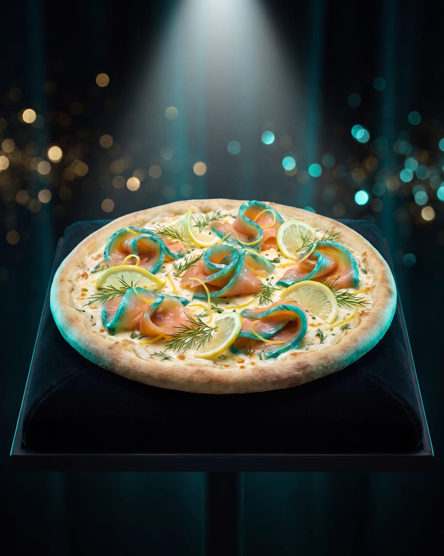 Turquesa — pizza DIAMANTI de edición limitada presentada como gema rara en vitrina de joyería